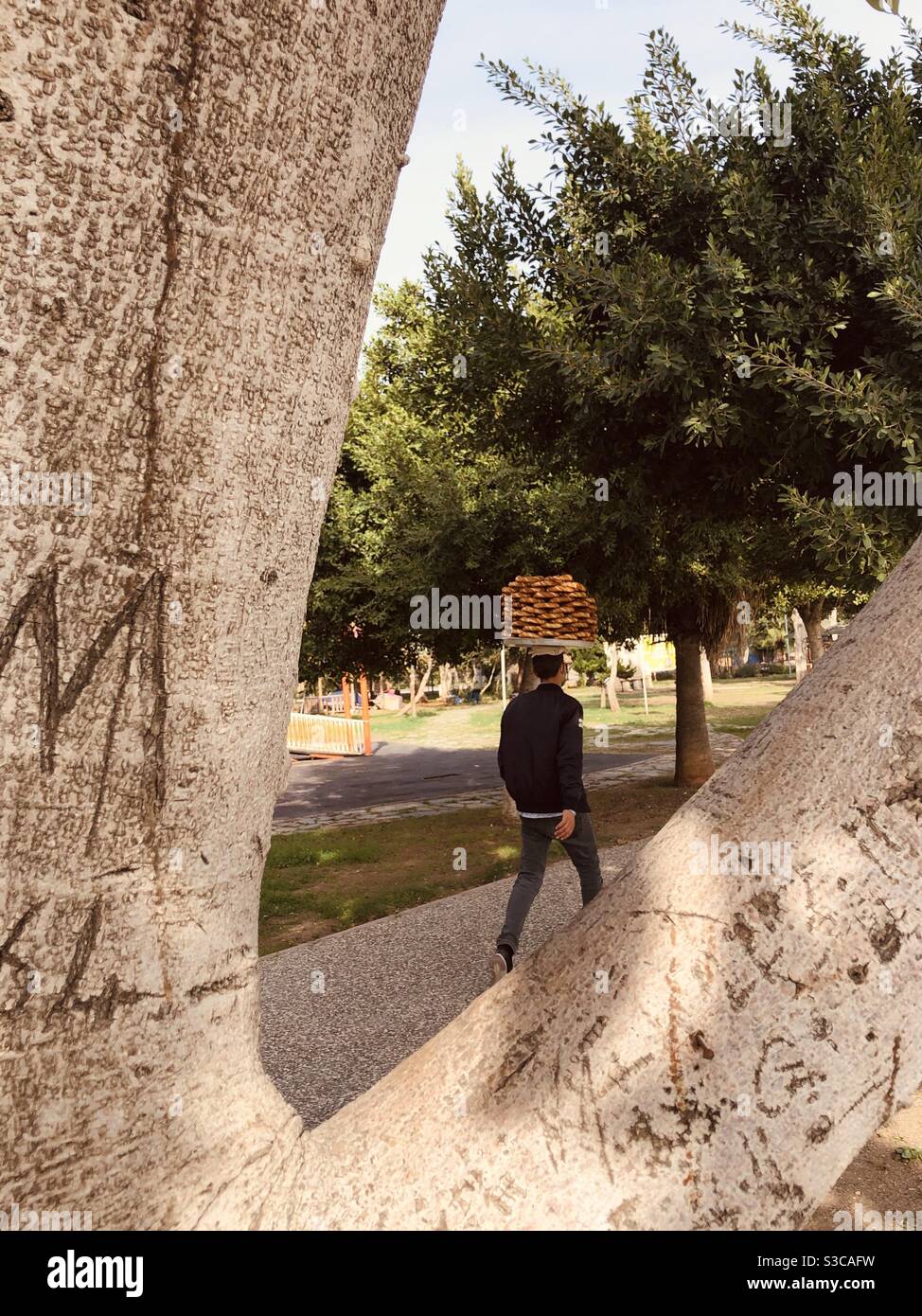 Street vendor  seen among branches of a tree as he is selling Turkish food called Simit , which is round sesame bagel that is highly popular in the country. - Smartphone Captured Stock Image