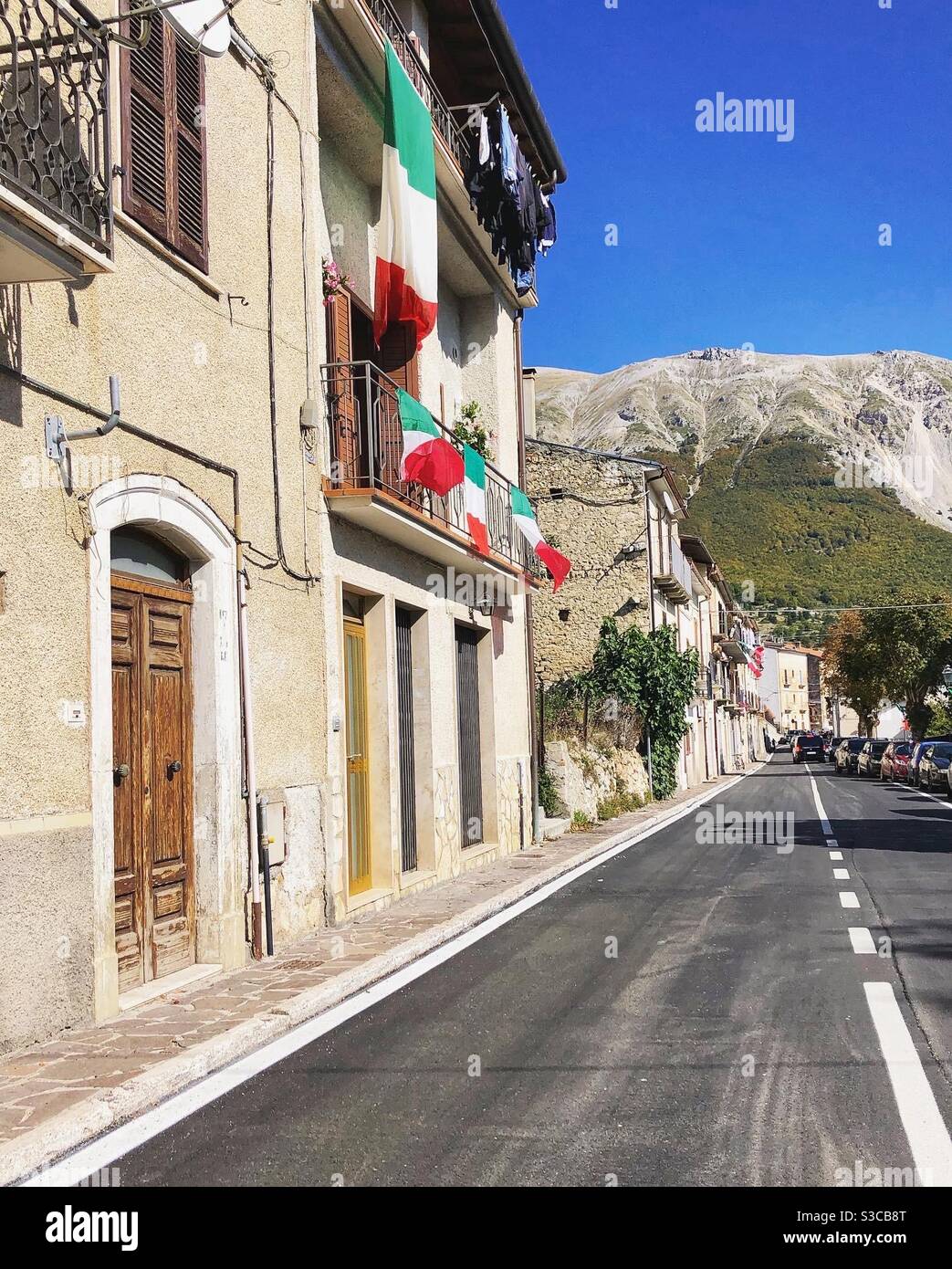 Italian flats out on a quiet street in Campo di Giove, Abruzzo for the Giro D’Italia 2020 Stock Photo