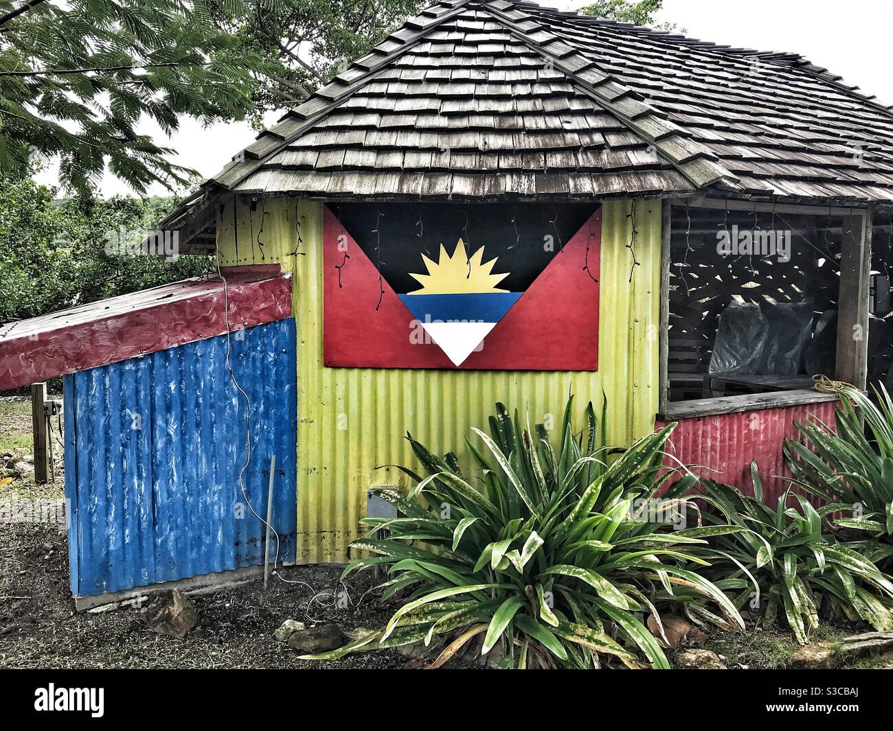 Rum Shack Bar in Antigua depicting Antiguan Flag Stock Photo