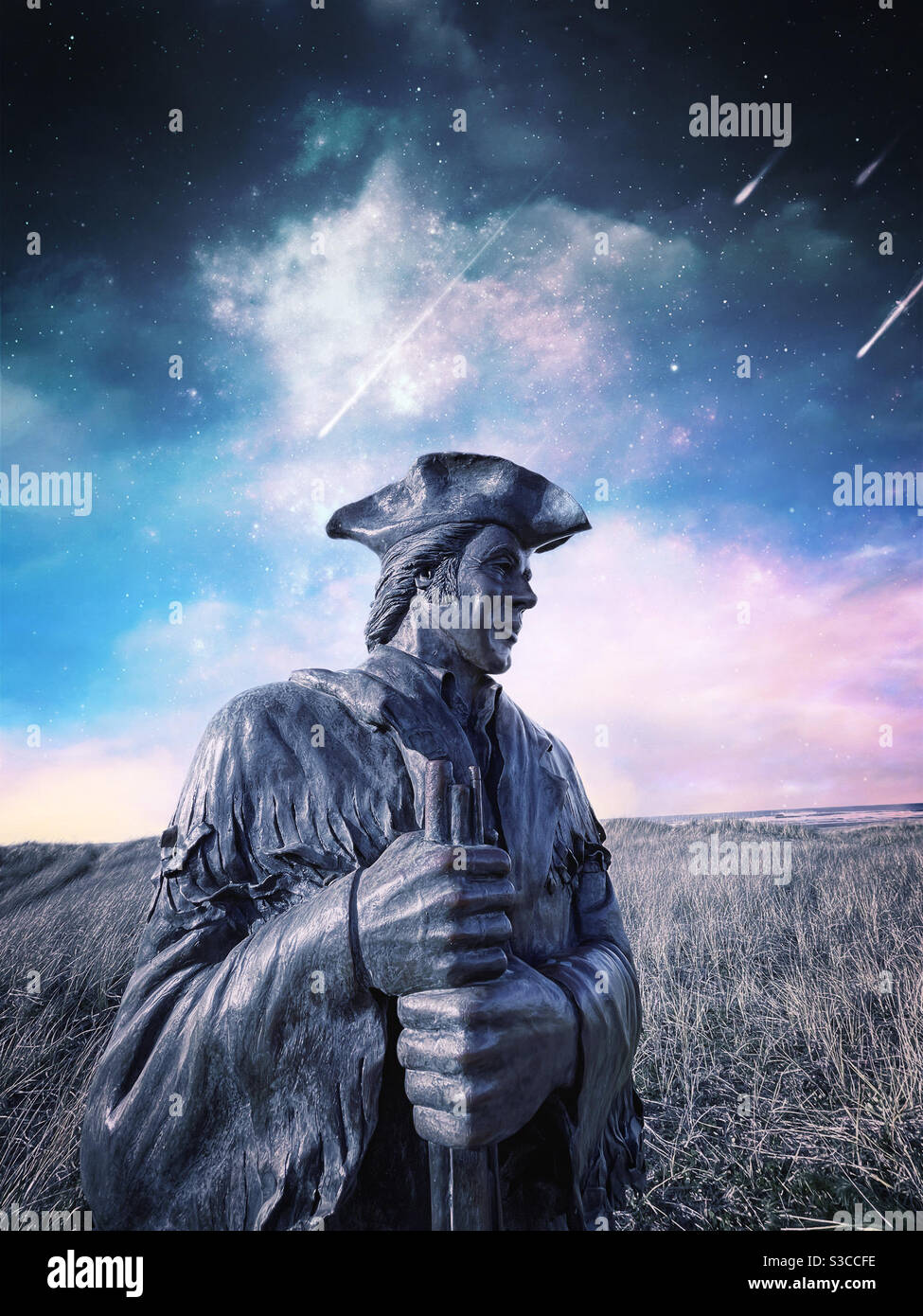 Sculpture of Capt. William Clark on the trail through the dunes of Long Beach Peninsula in Washington state - Smartphone Captured Stock Image