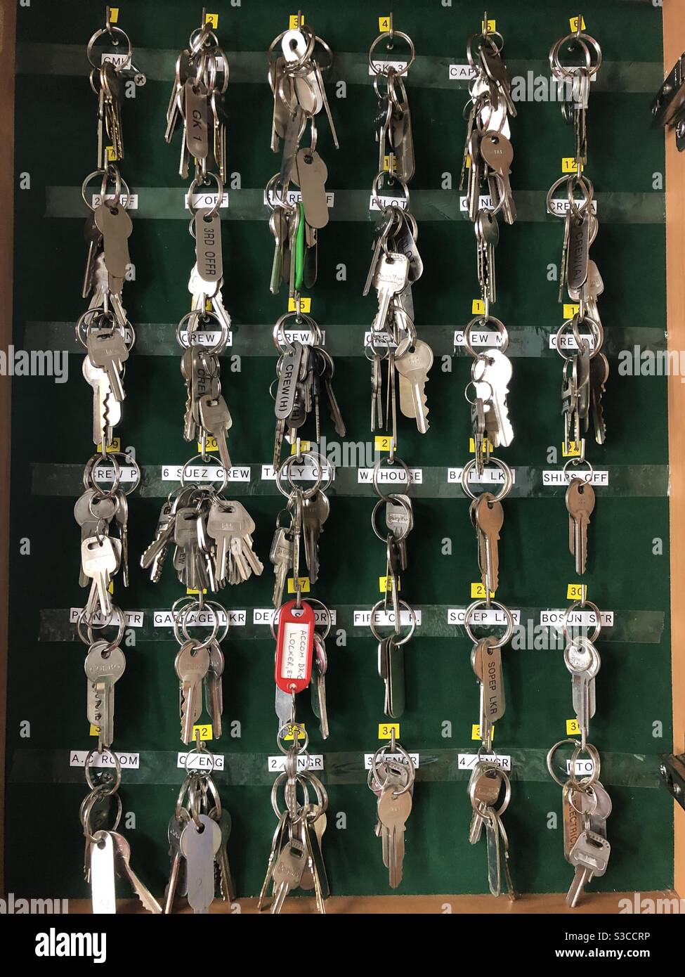 Wall cabinet with keys from different rooms, cabins and lockers Stock Photo