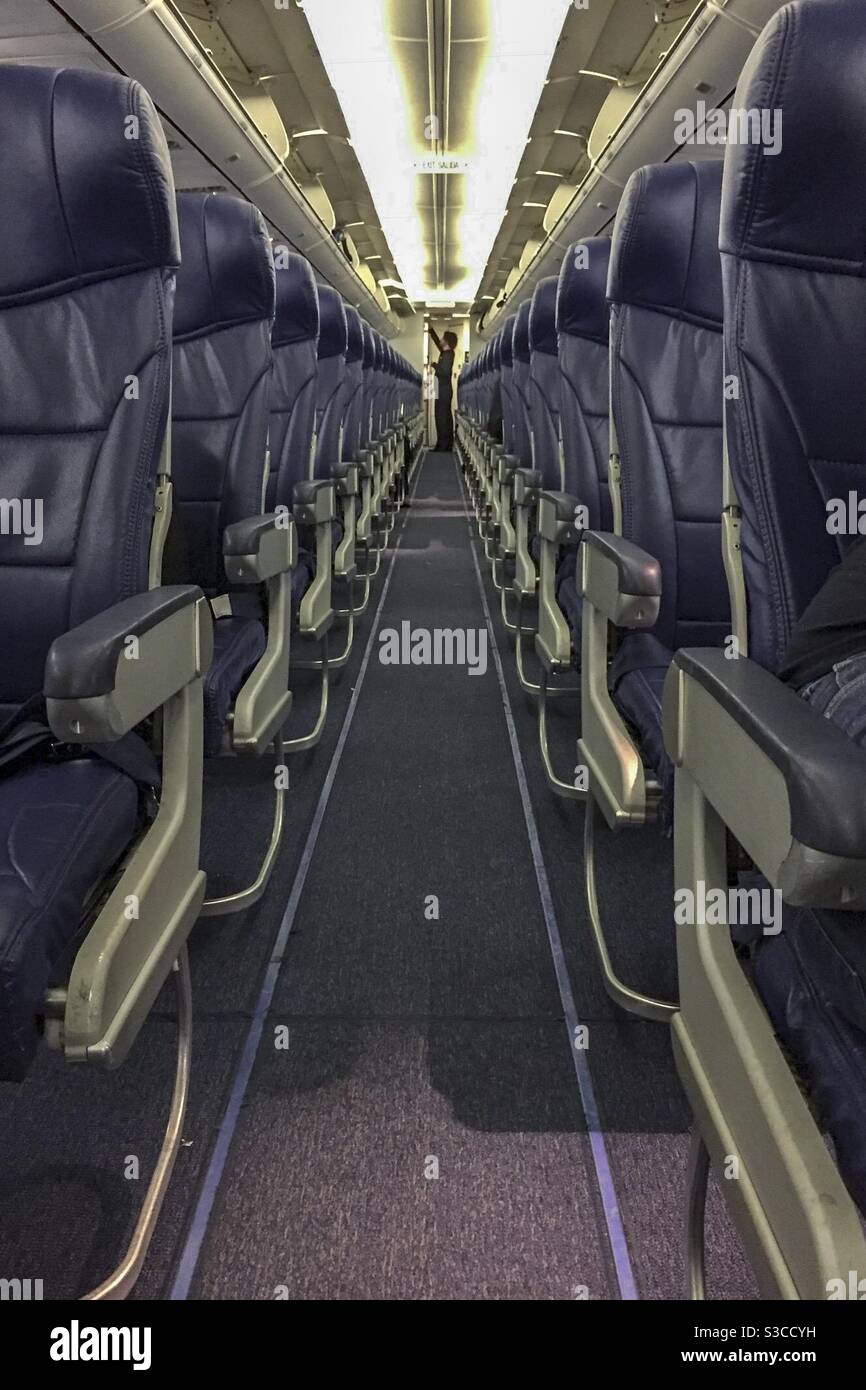 Interior view of a commercial passenger plane with a flight attendant working in the back of the plane. - Smartphone Captured Stock Image