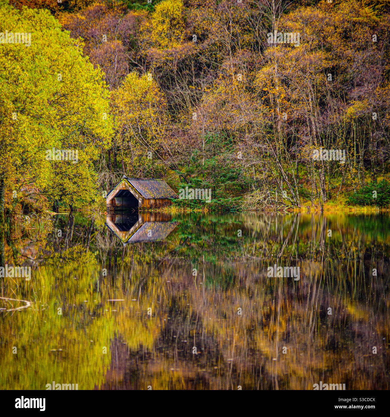 Autumn Boathouse on Loch Chon, Stirlingshire, Scotland. - Smartphone Captured Stock Image