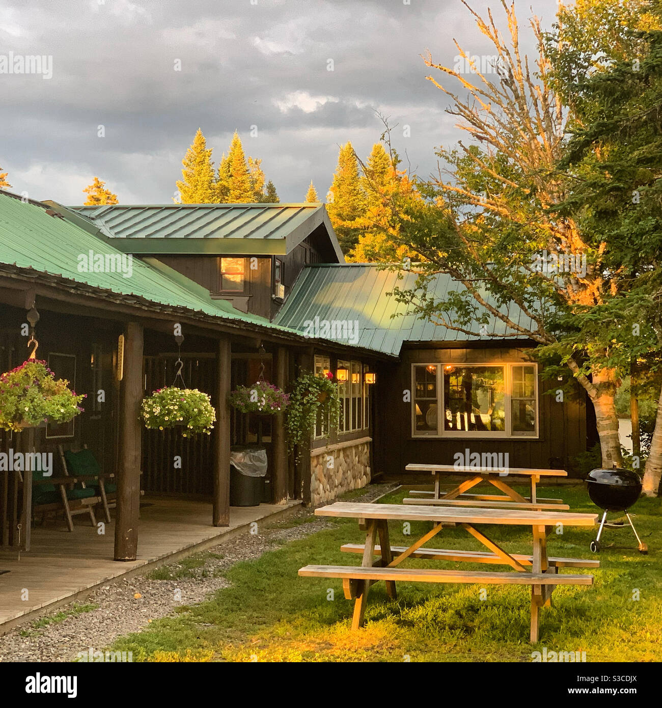 Picnic tables at Tall Timber Lodge, Pittsburg, New Hampshire, United States - Smartphone Captured Stock Image