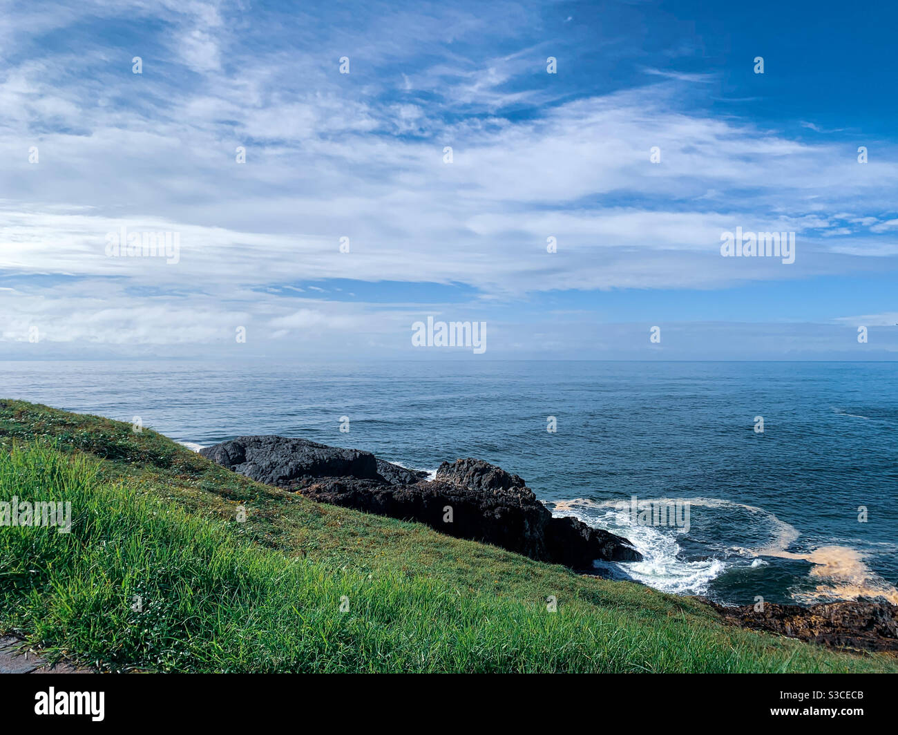 Colours of nature. View of the blue Pacific Ocean from the green grassy headland, rocks, sea,  on a Summer day, Coffs Coast,  Australia - Smartphone Captured Stock Image