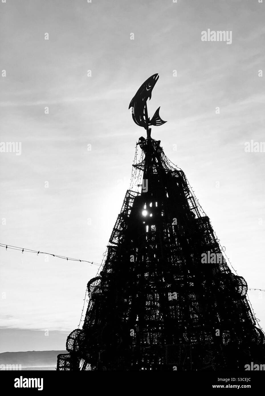Christmas tree made out of stacked lobster pots in black and white - Smartphone Captured Stock Image