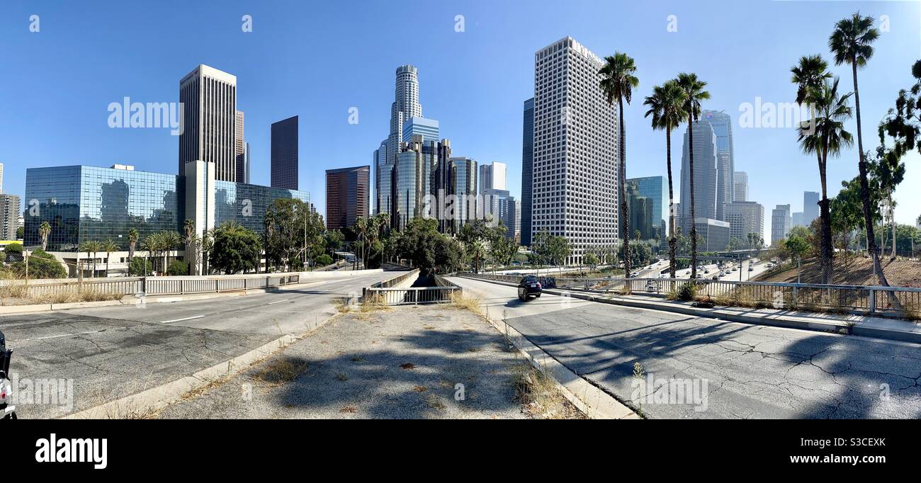LOS ANGELES, CA, SEP 2020: panorama view of the Downtown city skyline, looking towards the Westin Bonaventure and US Bank Tower, over the 110 and 101 freeways - Smartphone Captured Stock Image