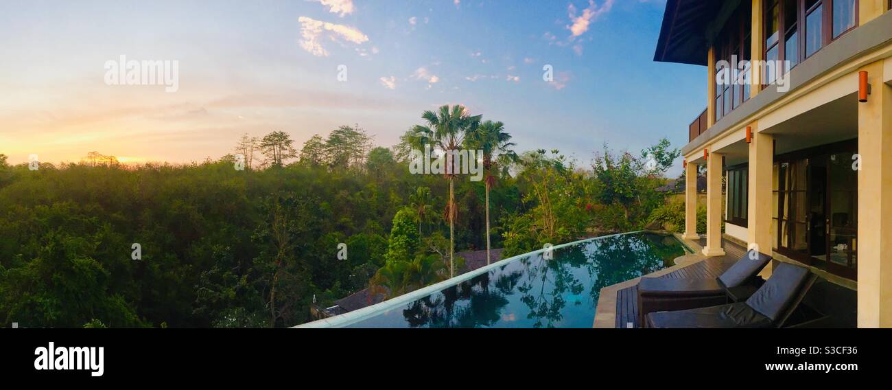Bali villa view over pool near Jimbaran Beach Indonesia - Smartphone Captured Stock Image
