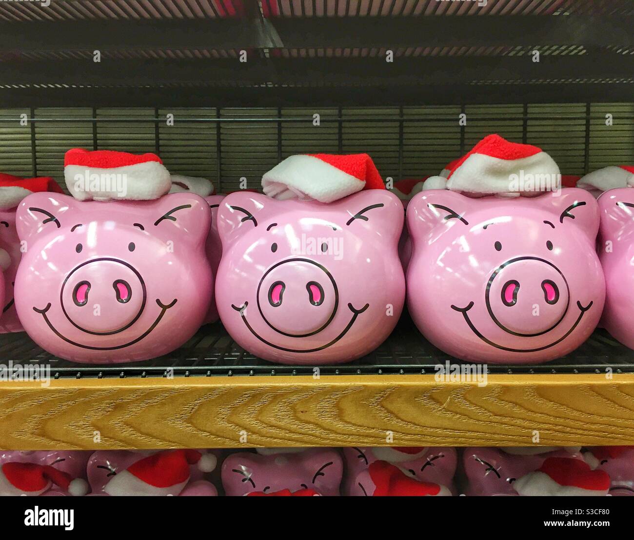 Smiling piggy banks wearing Christmas hats. - Smartphone Captured Stock Image