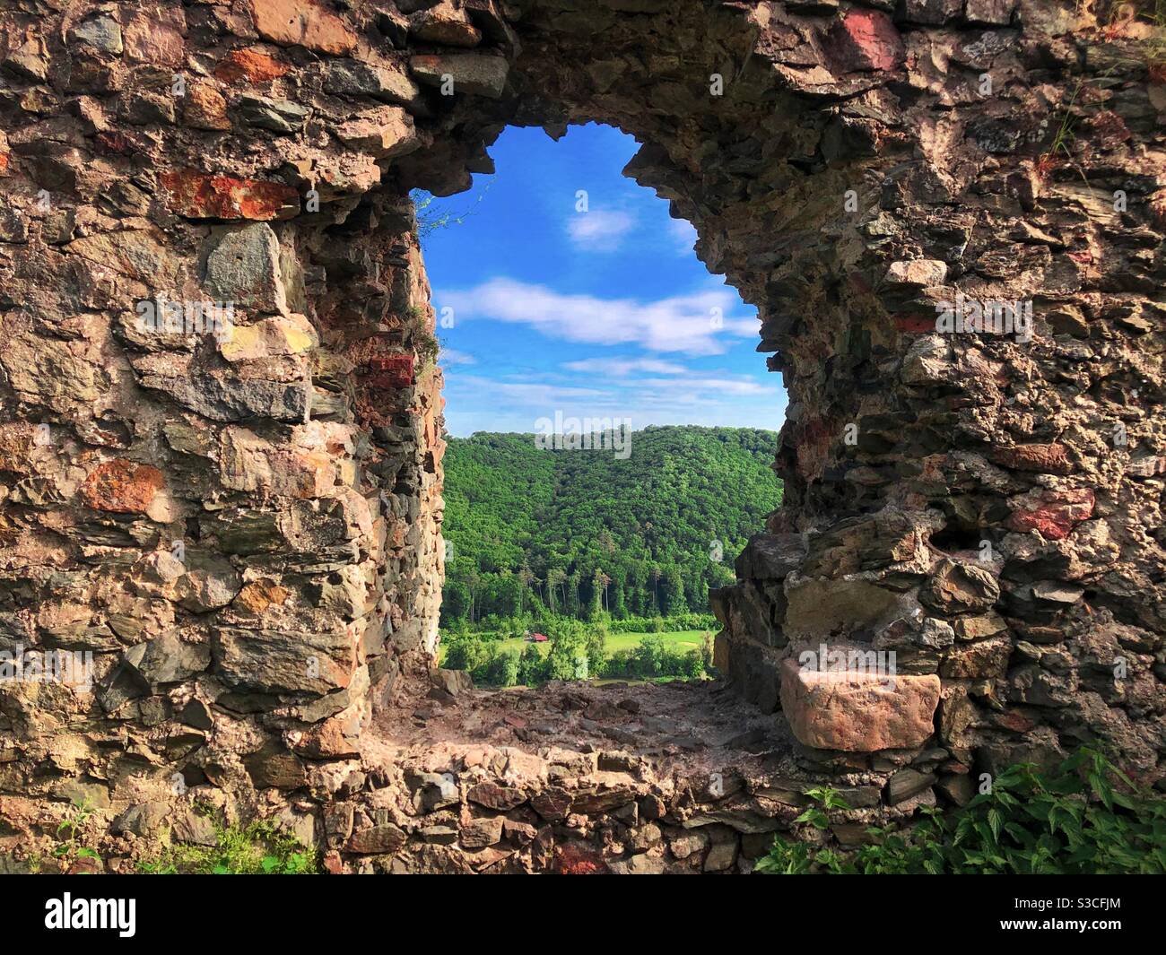 Opening in an old brick wall though which forest and blue sky can be seen - Smartphone Captured Stock Image