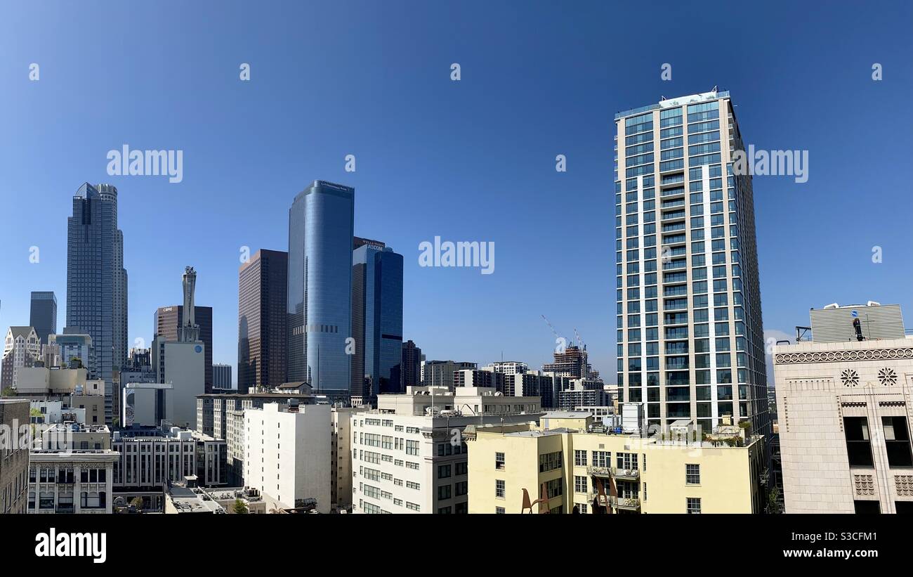 LOS ANGELES, CA, SEP 2020: downtown skyline with skyscrapers, apartments, and office buildings, day time - Smartphone Captured Stock Image