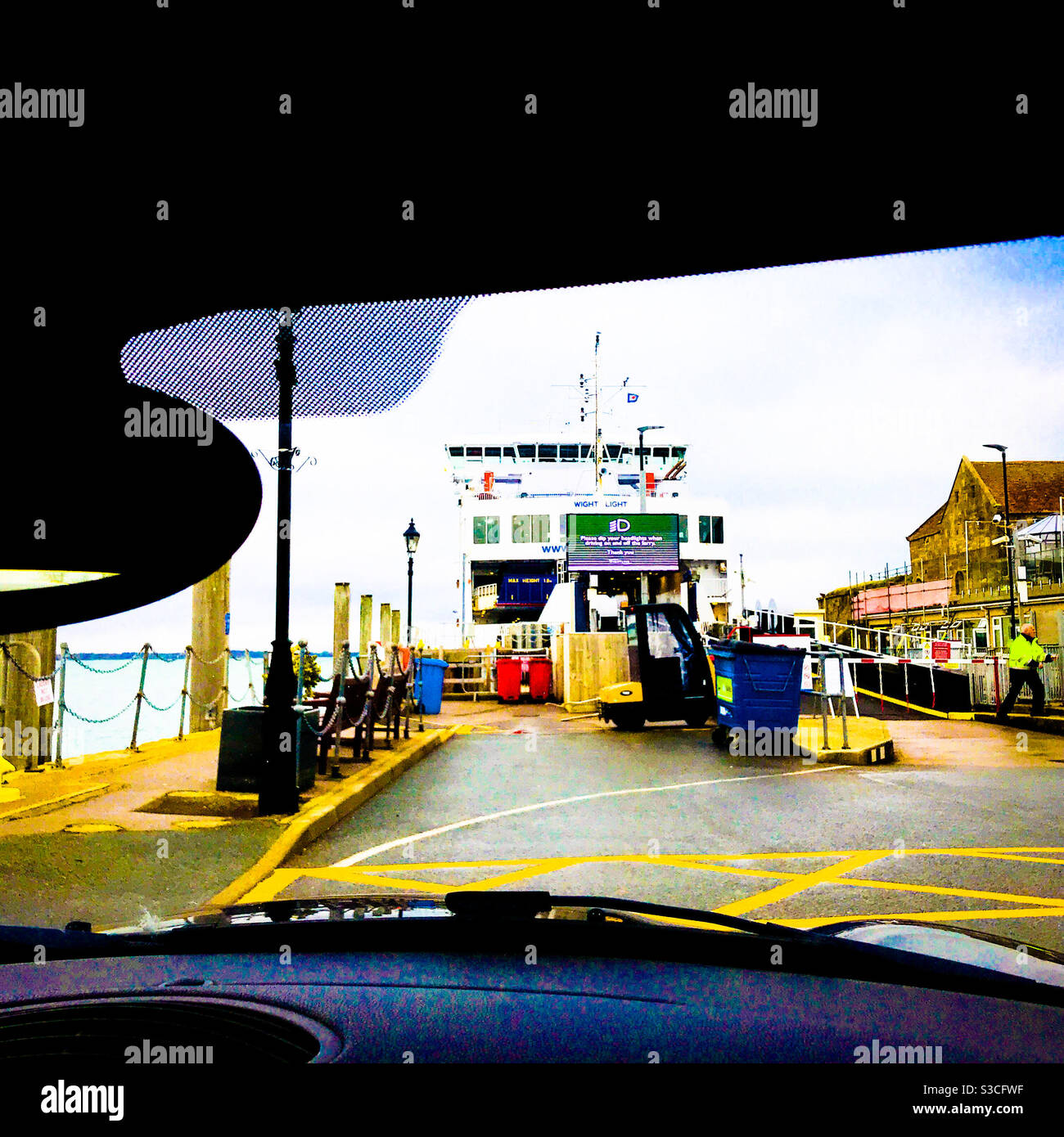 Yarmouth Isle of Wight Wightlink Ferry terminal Solent crossing view from waiting passenger car vehicle window in boarding queue Stock Photo