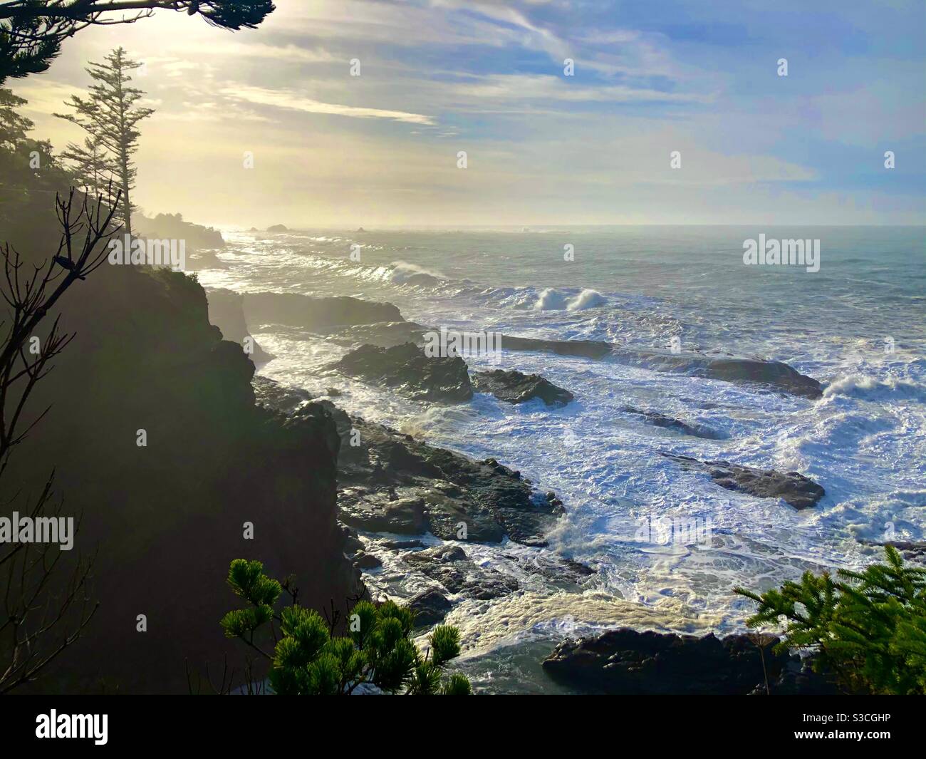 Juliet D- Pacific Ocean rugged cliffs and the silvery sunset after a king tide winter storm. Stock Photo