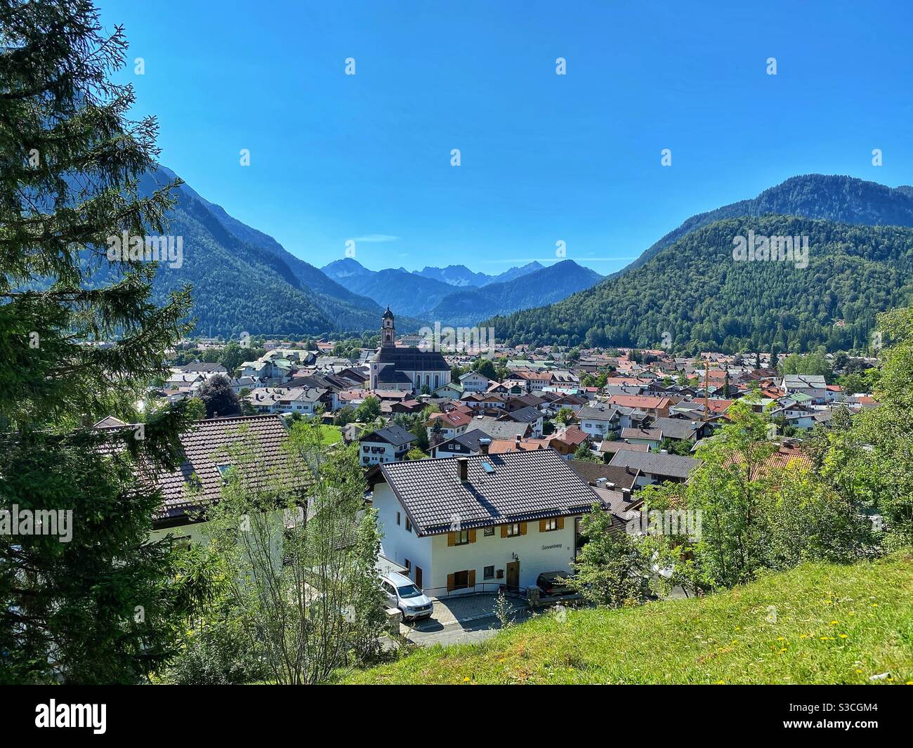 Mountain view at Mittenwald town surrounded by Bavarian Alps. - Smartphone Captured Stock Image
