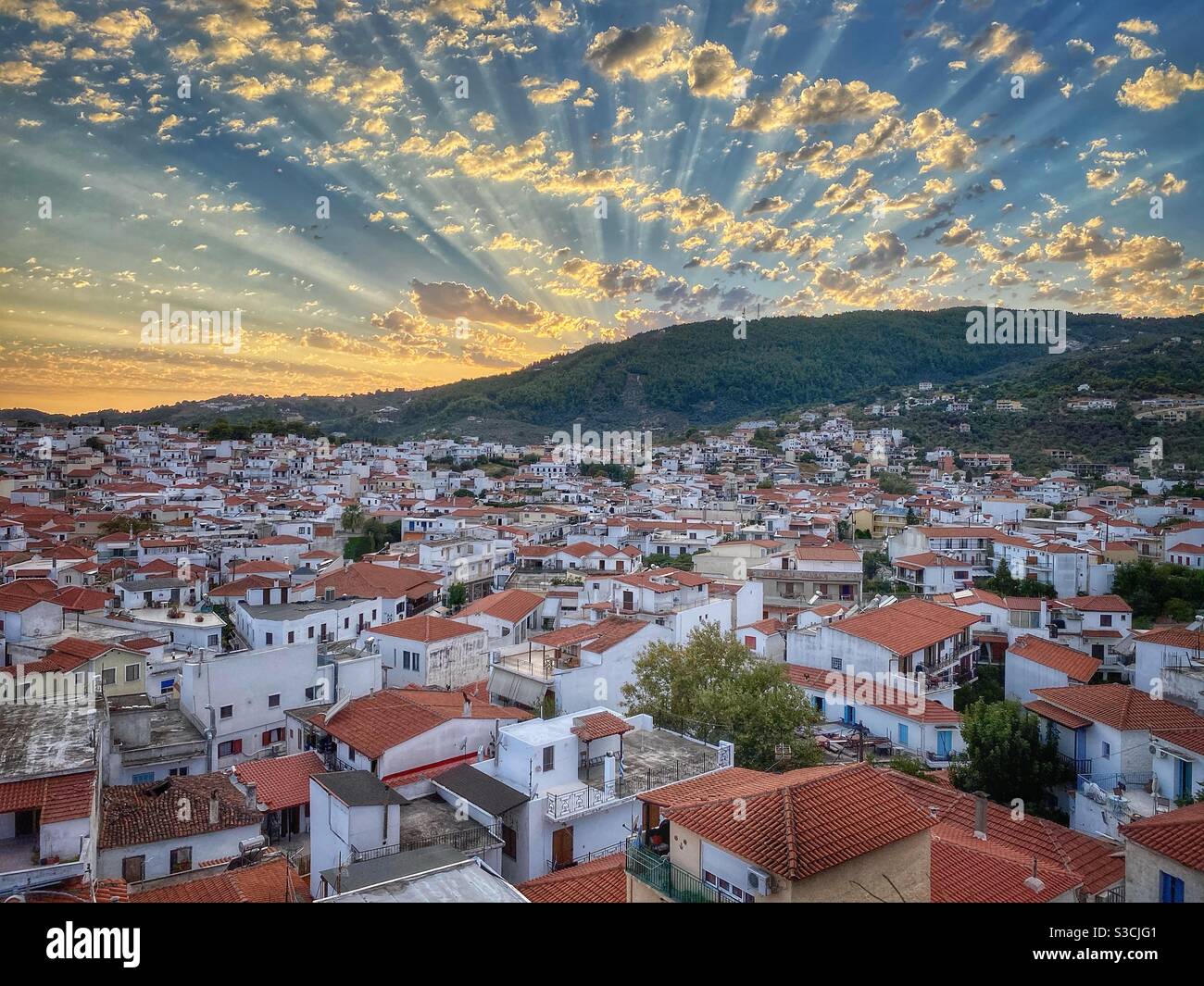 View at Skiathos town from St. Nicholas Church, Greece. - Smartphone Captured Stock Image