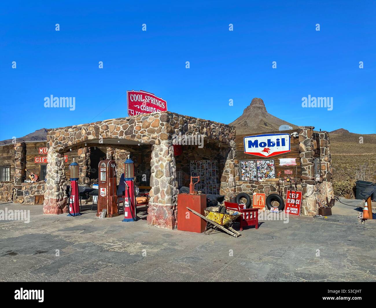 Cool Springs gas station in Arizona along Route 66. This town was the inspiration for the town Radiator Springs in the movie Cars. Stock Photo
