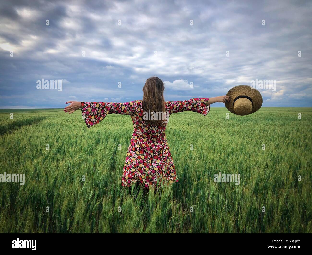 Woman wearing colorful dress and straw hat in a field of green wheat - Smartphone Captured Stock Image