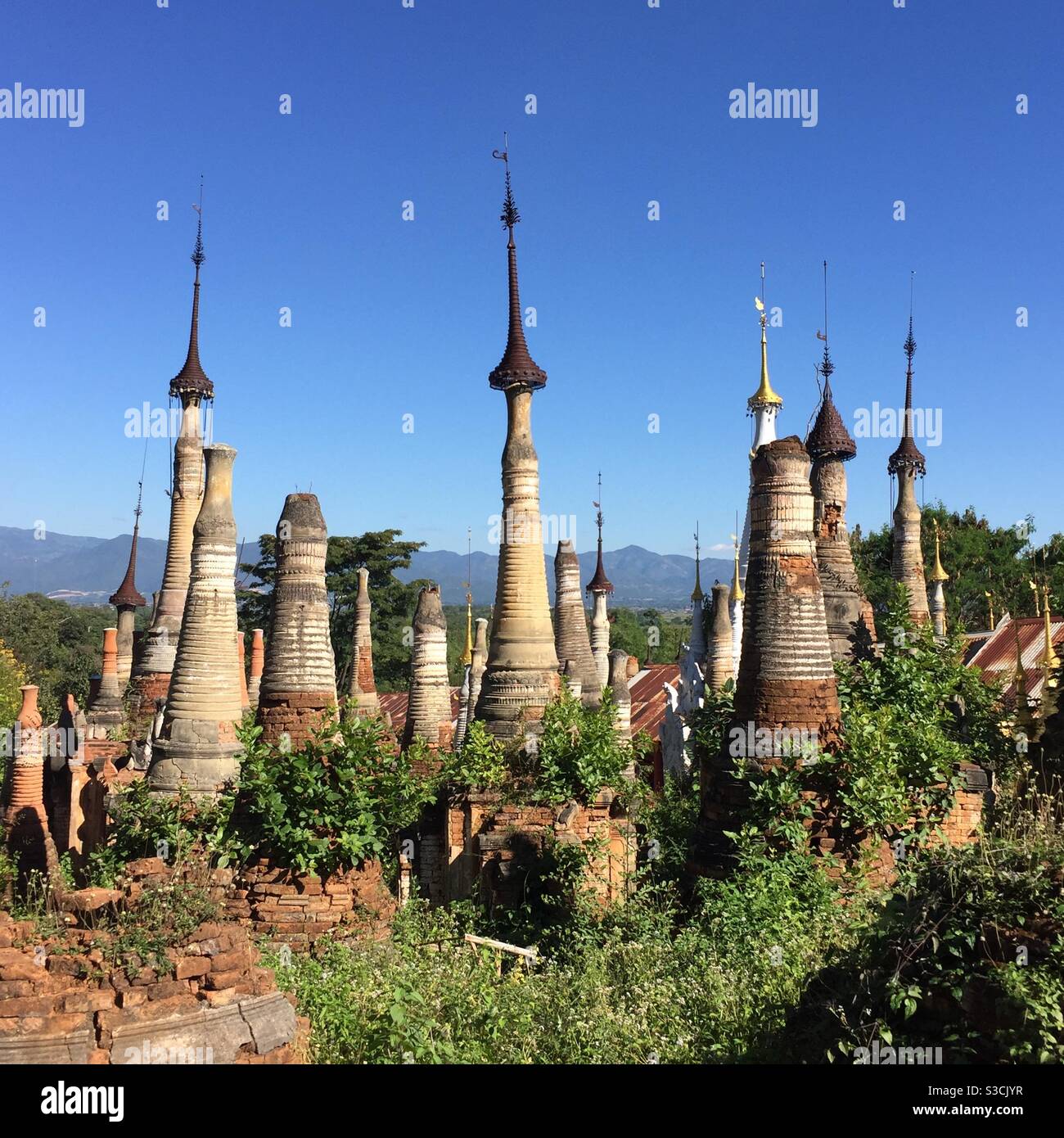 Stupas at Phaung Daw U Pagoda Inle Lake Myanmar - Smartphone Captured Stock Image