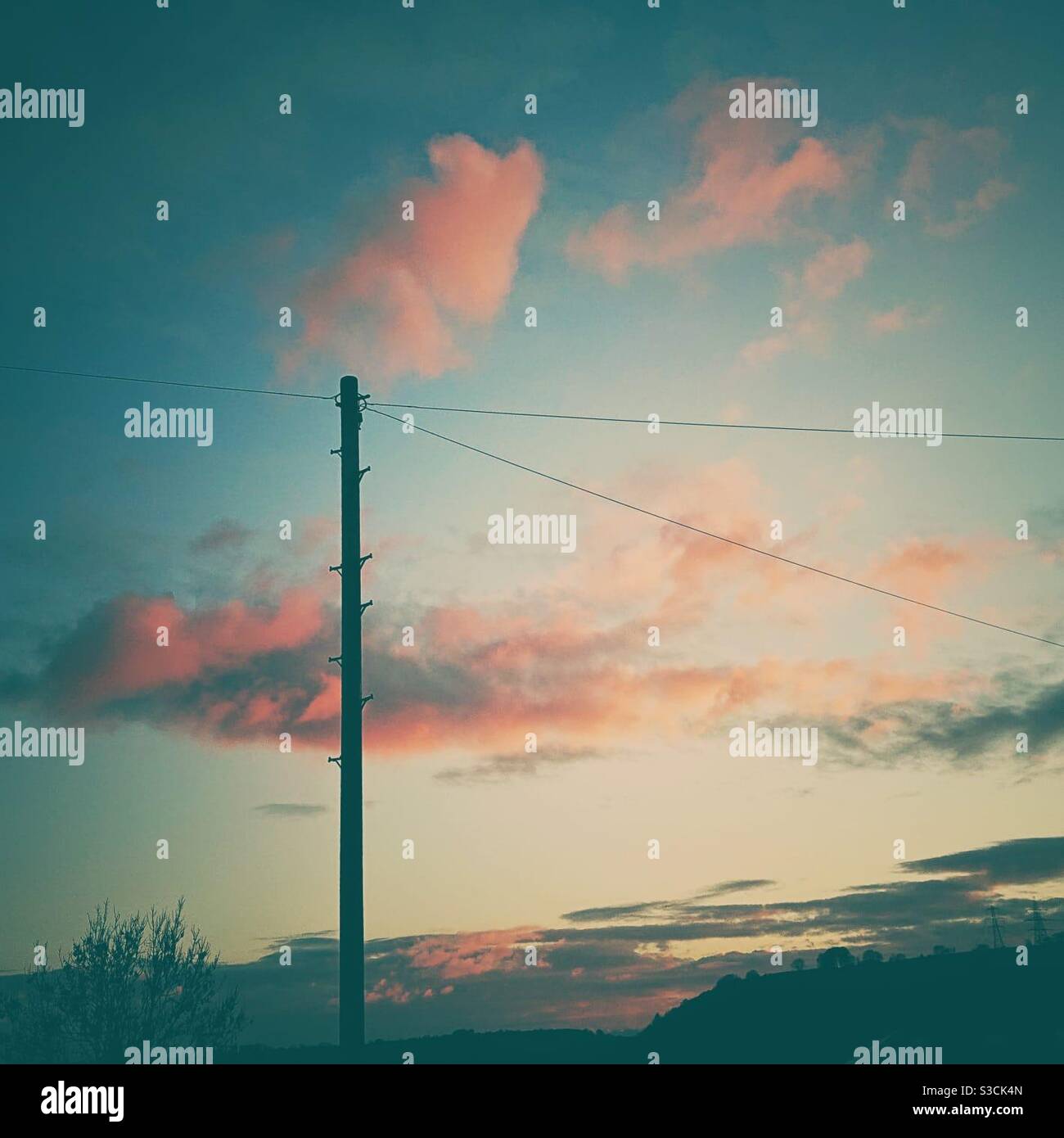 A photograph looking up of a telegraph pole and power lines at sunset with beautiful pink clouds - Smartphone Captured Stock Image