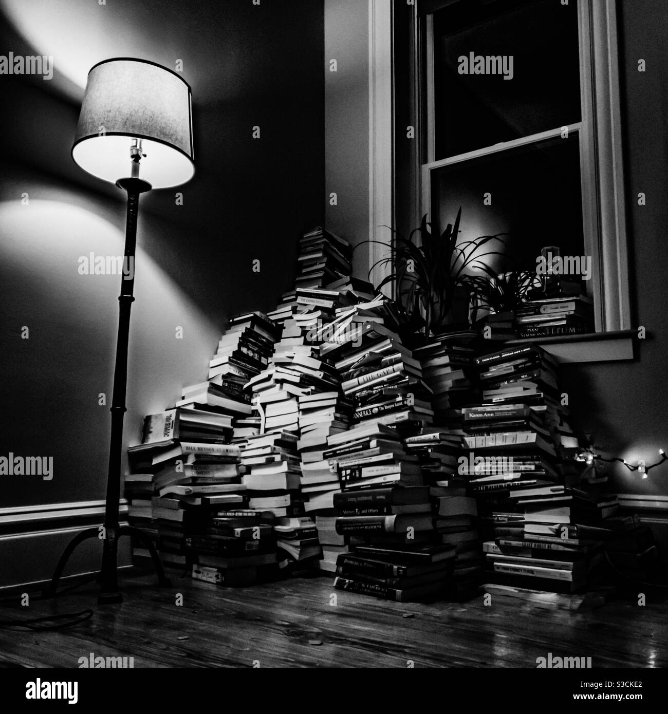 Low angle black and white view of a pile of books in a living room Stock Photo