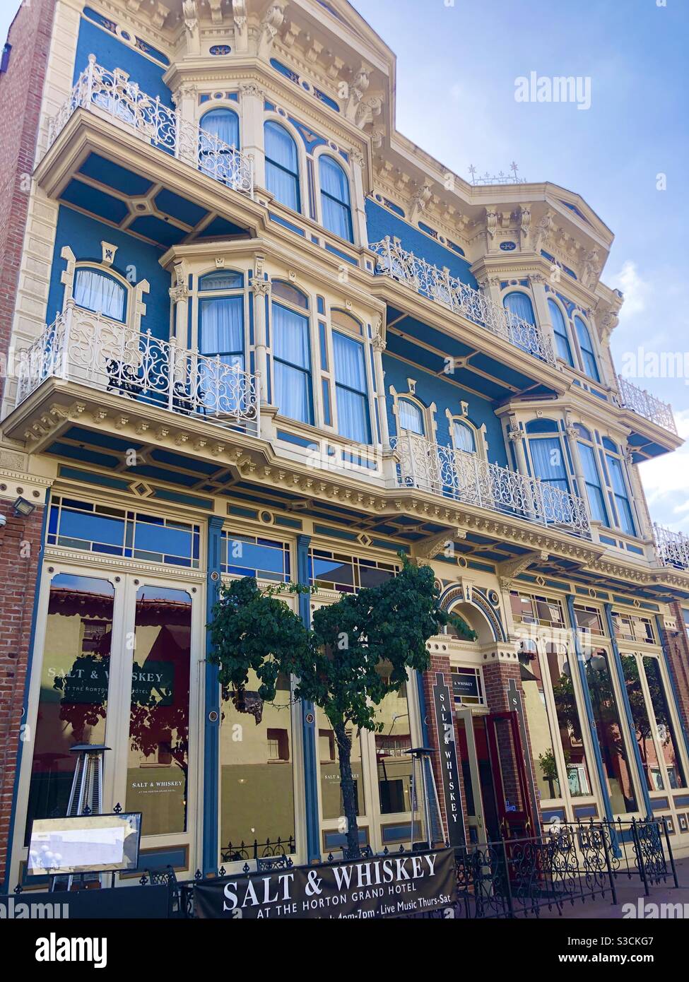 The historic Horton grand Hotel in the gaslamp district of downtown San Diego California, USA no features an elegant restaurant called salt and whiskey - Smartphone Captured Stock Image