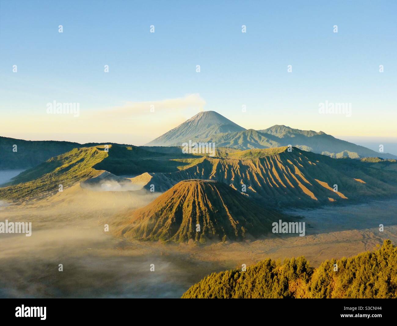 Tengger Caldera including Mount Bromo and Mount Semaru in East Java Indonesia Stock Photo