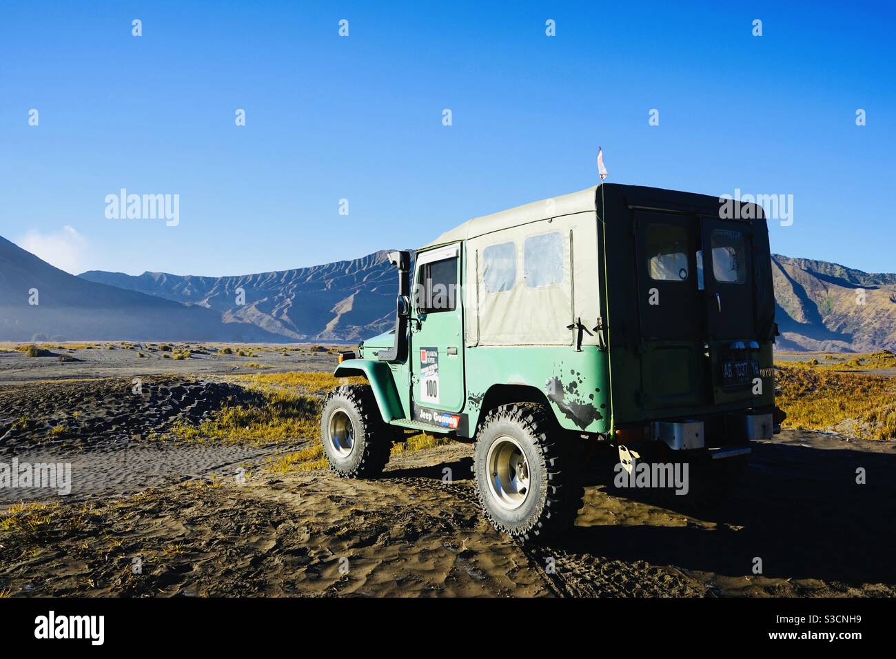 1980s short wheel base land cruiser for exploring the sea of sand in the Tengger Caldera at Mount Bromo East Java Indonesia Stock Photo