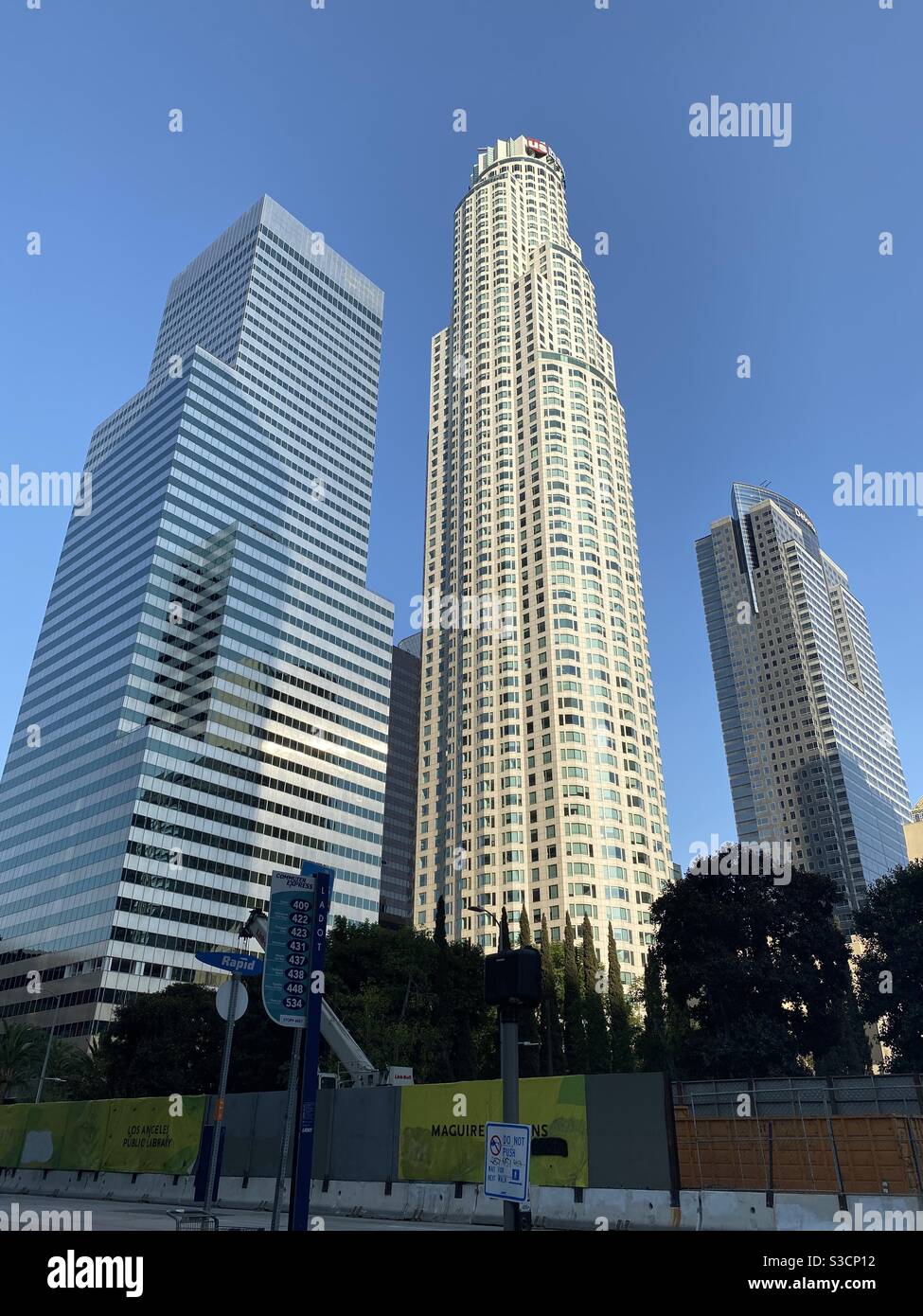 LOS ANGELES, CA, OCT 2020: looking up at US Bank Tower and neighboring skyscrapers in Downtown Financial District, daytime - Smartphone Captured Stock Image