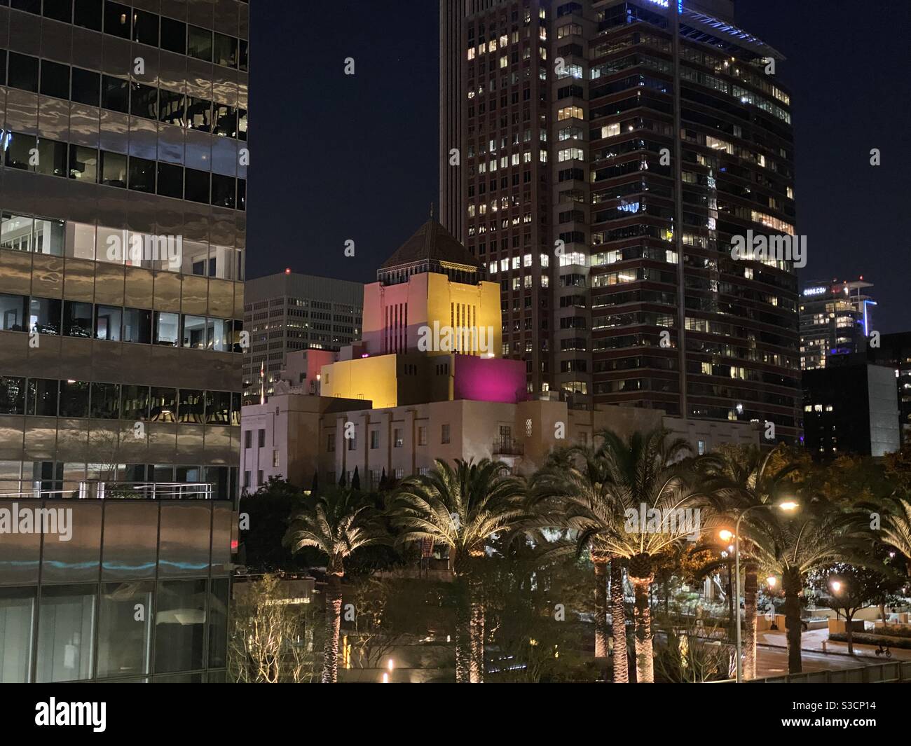 LOS ANGELES, CA, OCT 2020: Los Angeles Central Library in Downtown, lit up in gold and purple at night, to commemorate the anniversary of the death of Lakers basketball player Kobe Bryant Stock Photo