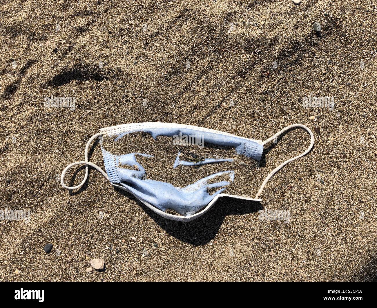 Protective Face Mask against Covid 19 Discarded on the beach causing pollution - Smartphone Captured Stock Image