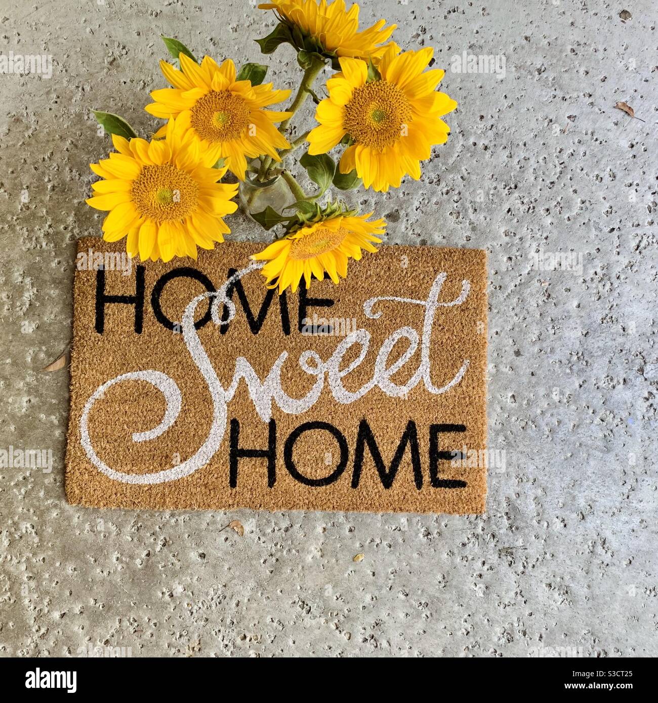 https://c8.alamy.com/comp/S3CT25/home-sweet-home-doormat-and-sunflowers-in-a-vase-S3CT25.jpg