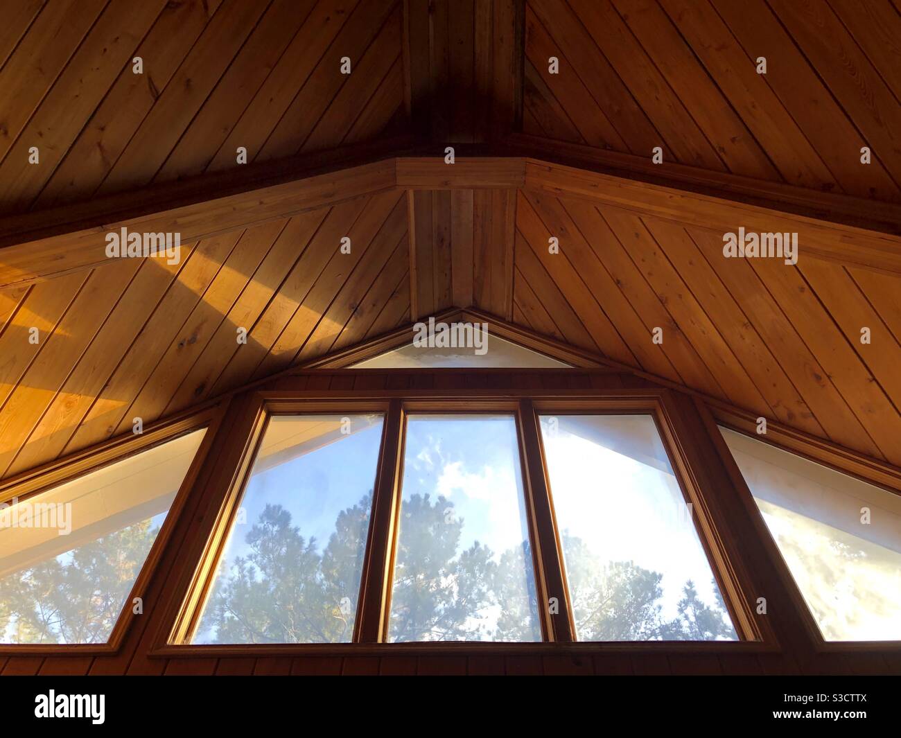 Sunlight shining on high wooden ceiling with view of blue sky and trees through the windows - Smartphone Captured Stock Image Sunlight shining on high wooden ceiling with view of blue sky and trees through the windows - Smartphone Captured Stock Image
