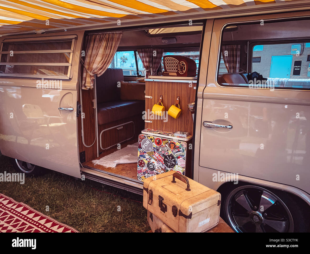 Retro vintage Volkswagen Van camper set up at a local Volkswagen Bug Jam on Amelia Island, Florida, USA Stock Photo
