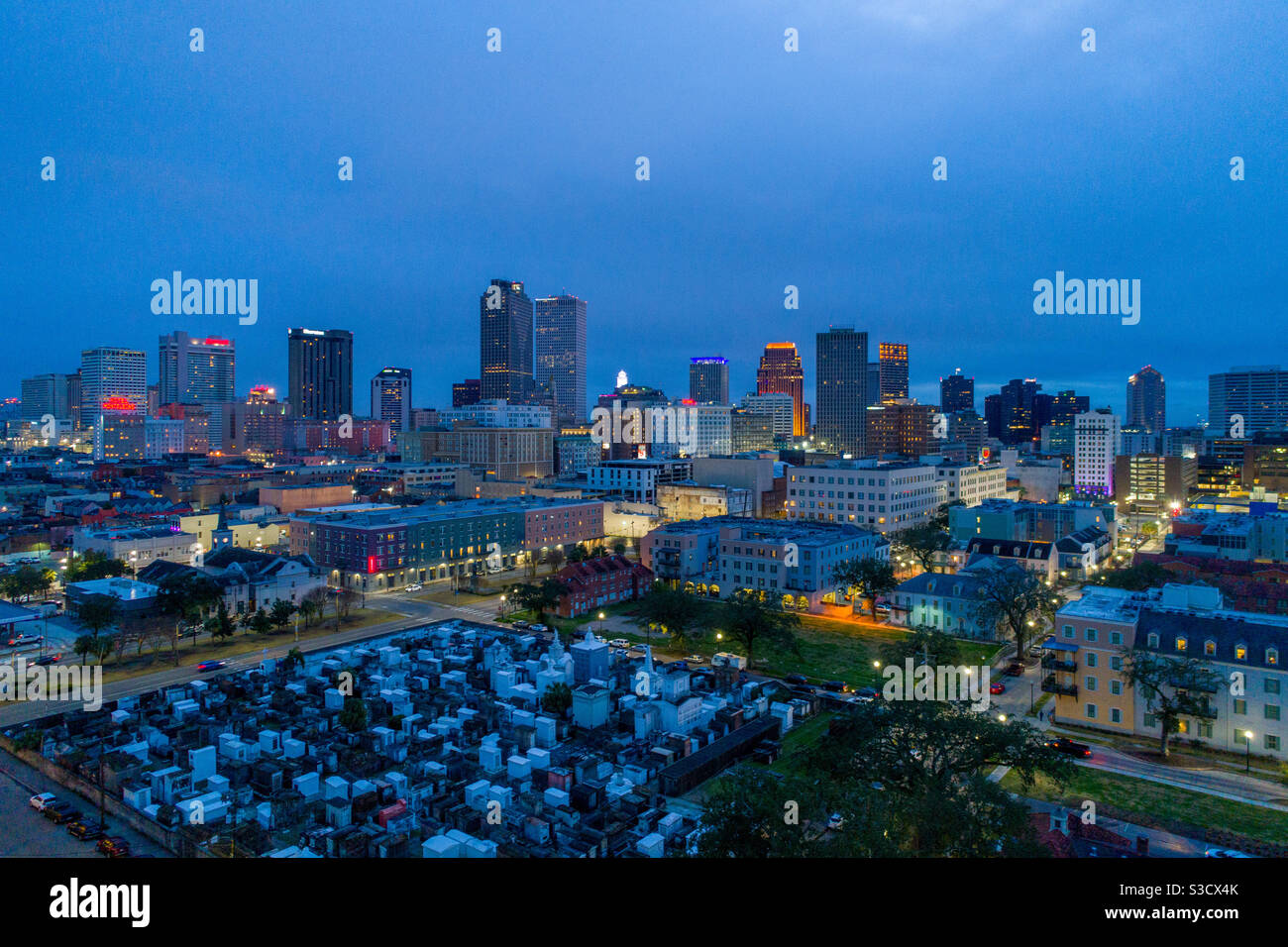 Downtown New Orleans, Louisiana at sunset in January of 2021 - Smartphone Captured Stock Image