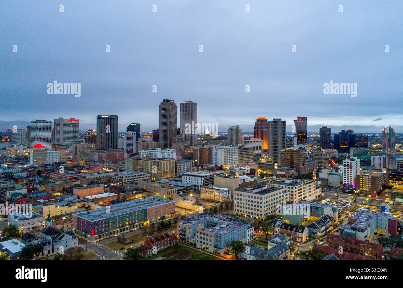 Aerial view of downtown New Orleans, Louisiana at sunset in January of 2021 - Smartphone Captured Stock Image