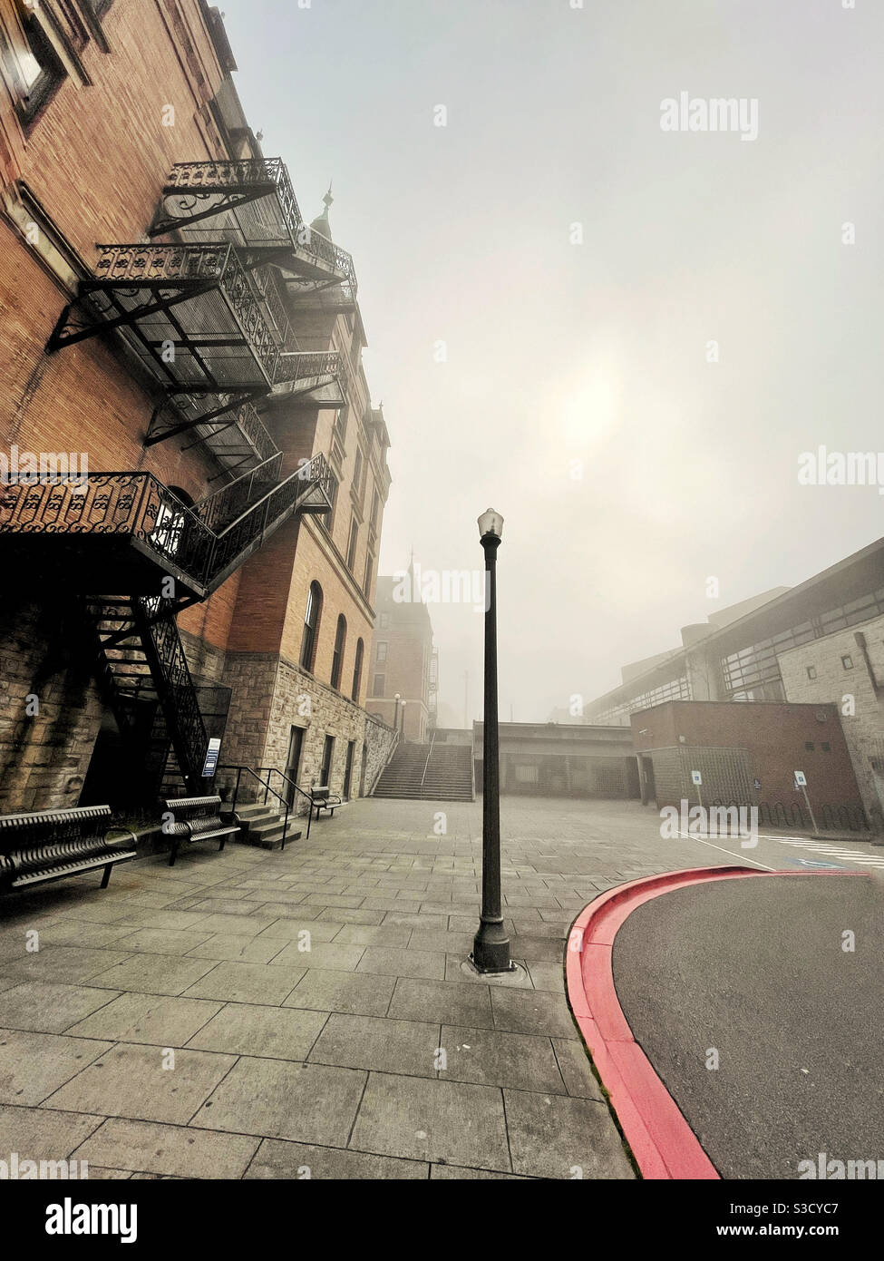 Lonely light pole near Stadium High School in Tacoma , WA, in the fog - Smartphone Captured Stock Image
