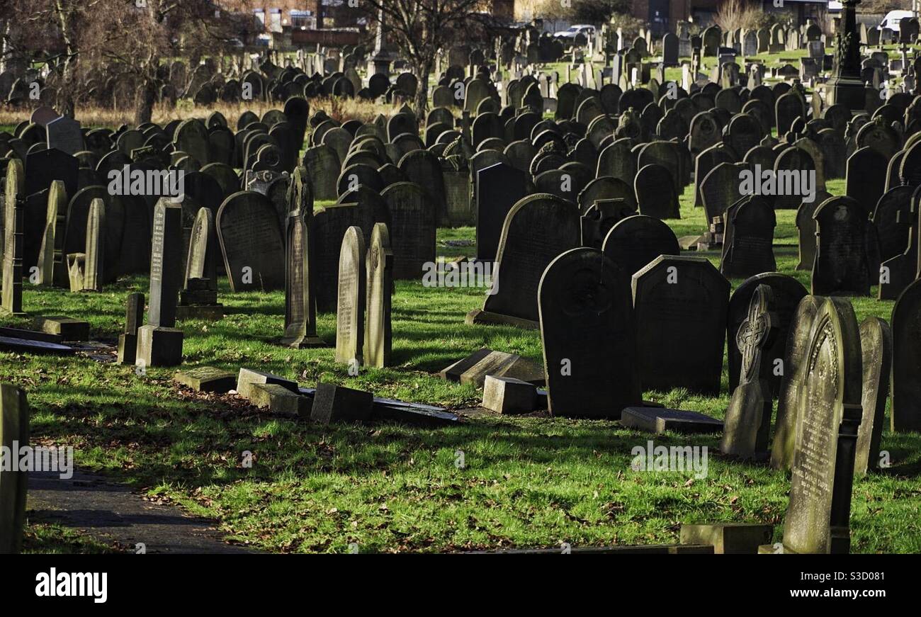 Rows and rows of graves lined up together in a full cemetery or graveyard in an urban environment - Smartphone Captured Stock Image