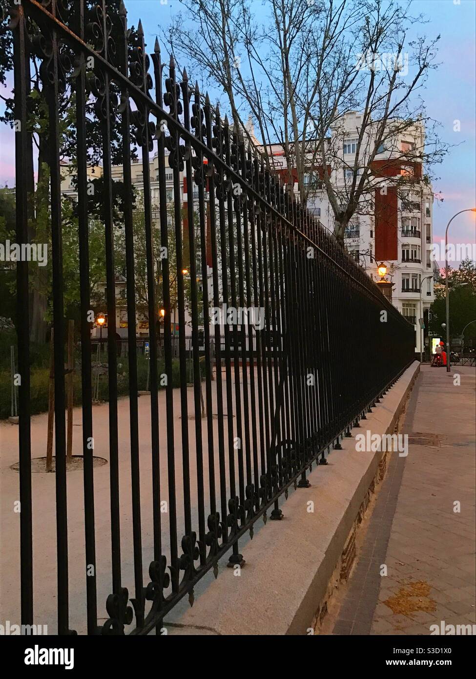 Iron fence of el Retiro Park at nightfall. Madrid, Spain. - Smartphone Captured Stock Image