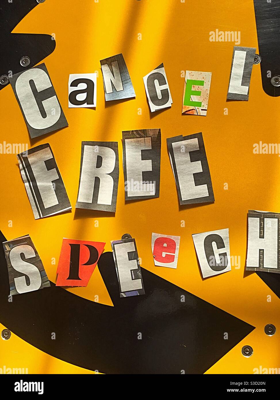 The phrase cancel free speech using cut out paper letters in the ransom note style, USA - Smartphone Captured Stock Image