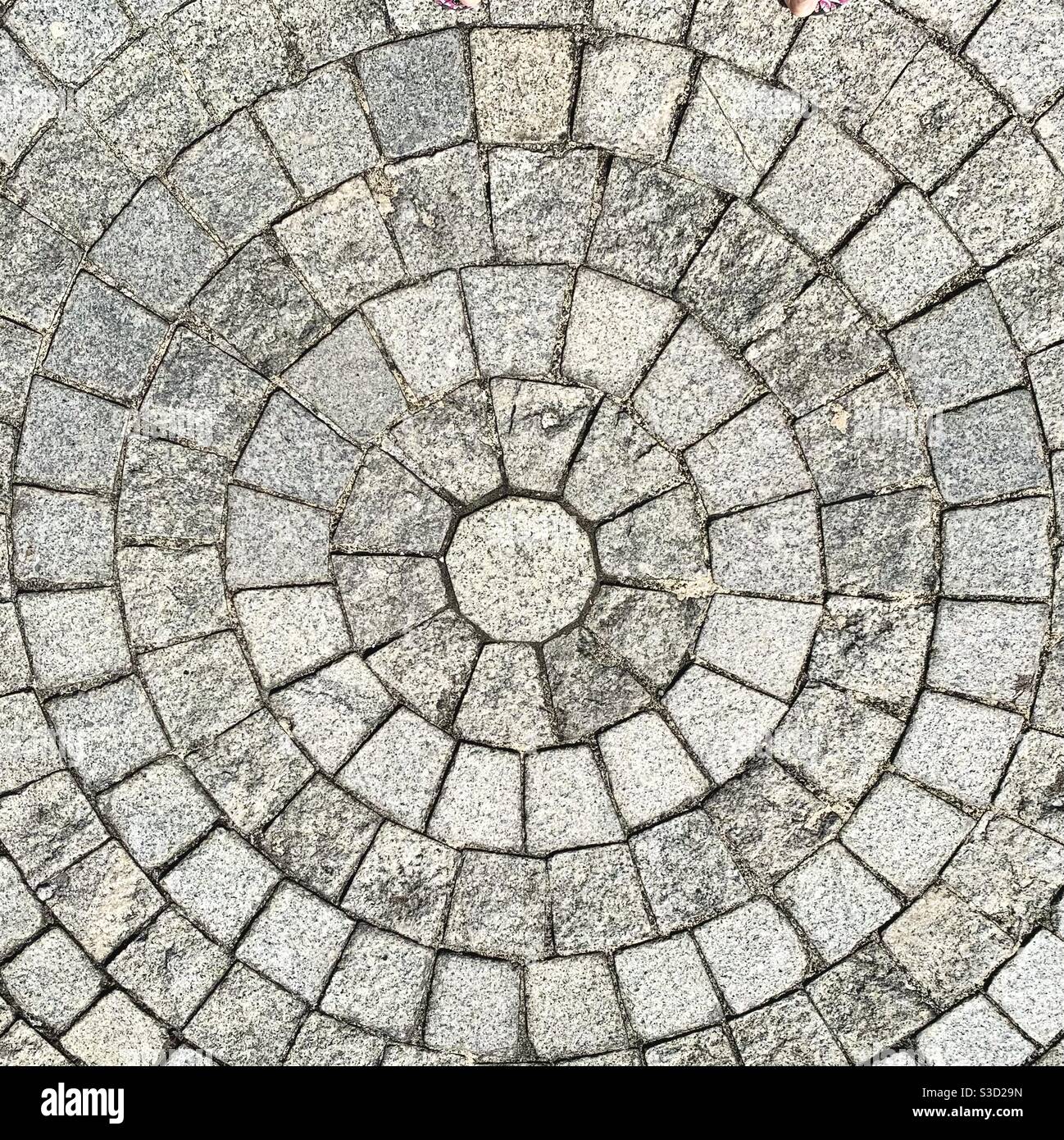 Birds eye view of paving stones in a pattern of concentric circles