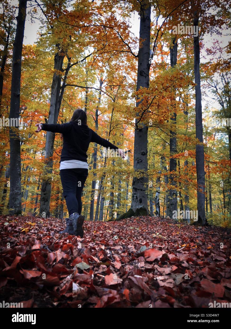 Young woman in the middle of a forest in autumn - Smartphone Captured Stock Image