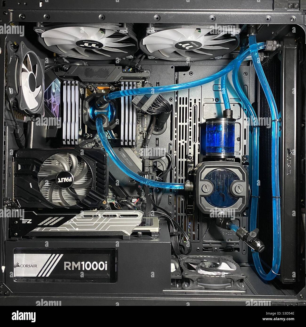 The internal water cooled custom loop of a high end desktop computer