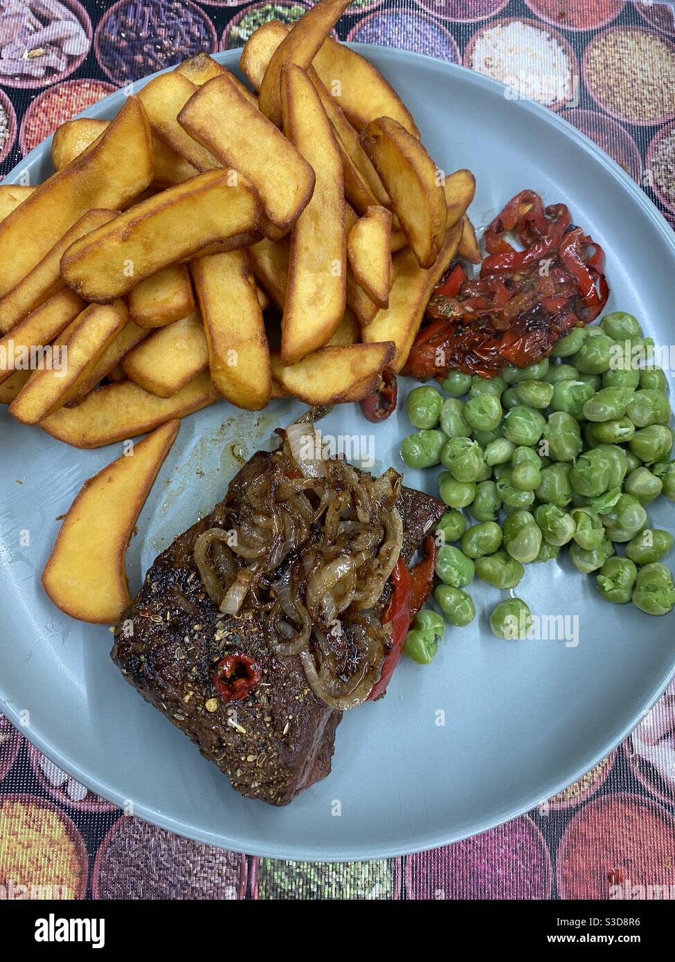 Flat Iron Steak, Fried Onions, Balsamic Vinegar Pepper, Tomato and