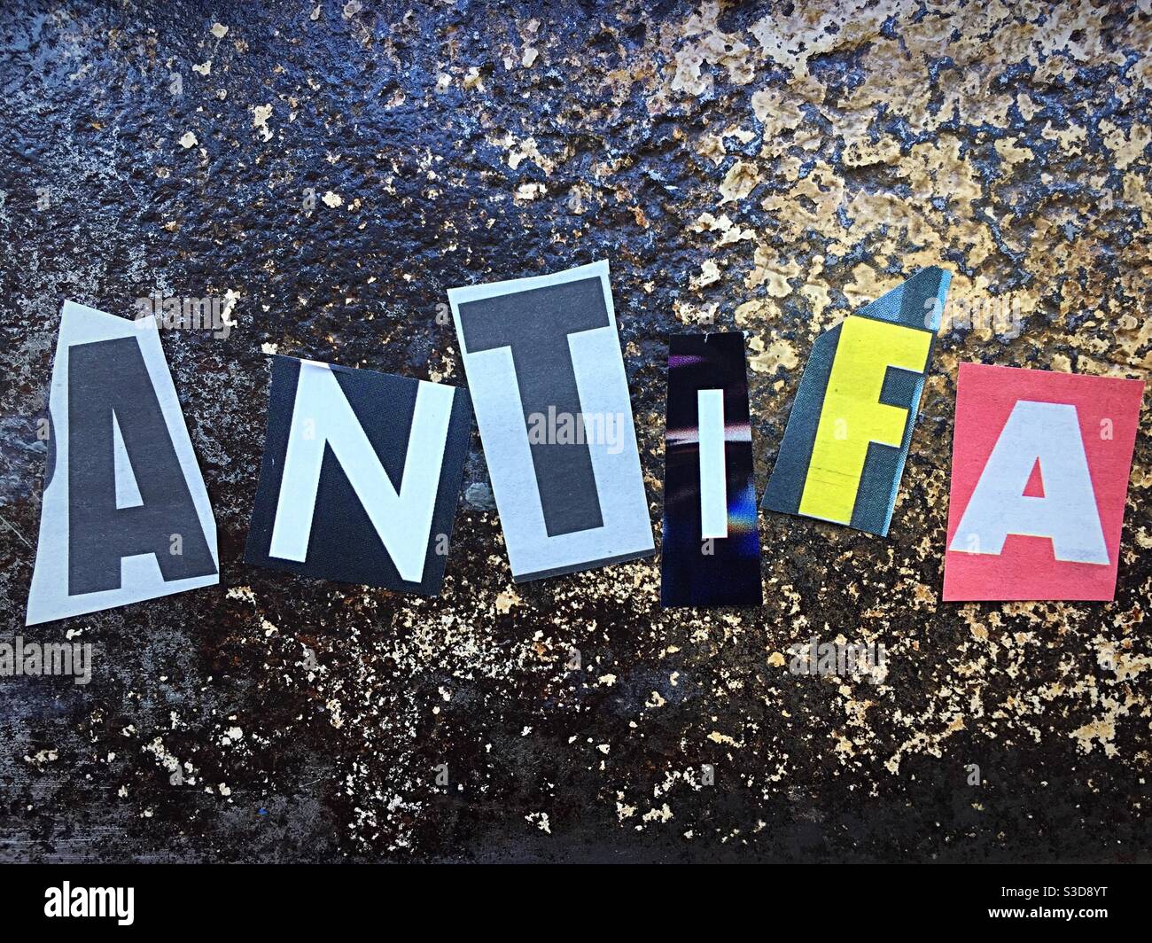 Word antifa spelledout. in Ransom style typography, USA - Smartphone Captured Stock Image