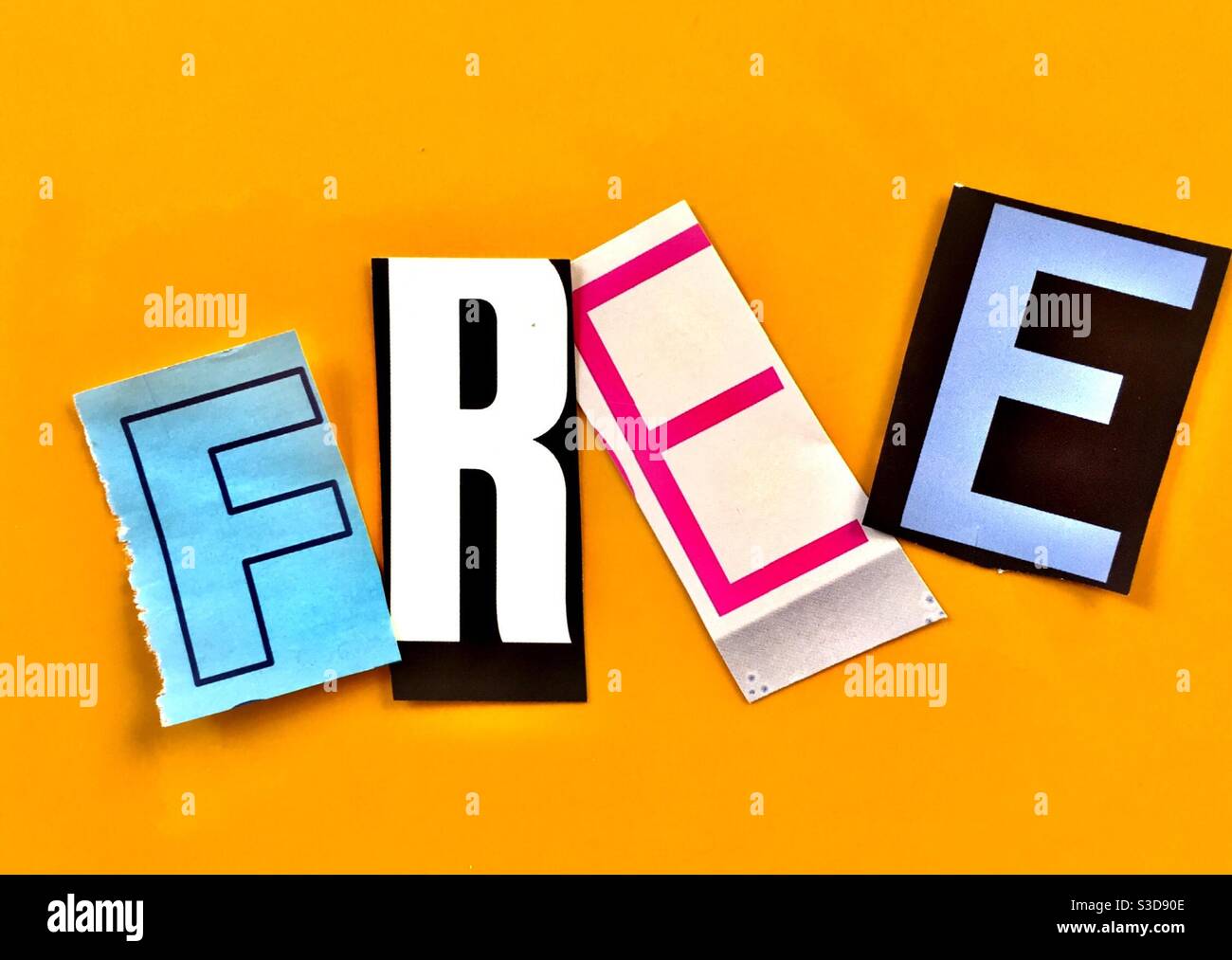 Free spelled out using cut out letters in the ransom style typography, USA - Smartphone Captured Stock Image