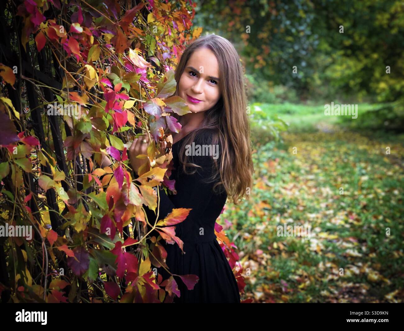 Portrait of happy young woman in black dress standing near a fence covered in colorful ivy leaves - Smartphone Captured Stock Image
