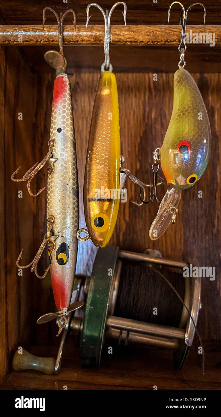 Colorful fishing lures hanging on a shelf along with a fishing reel Stock  Photo - Alamy