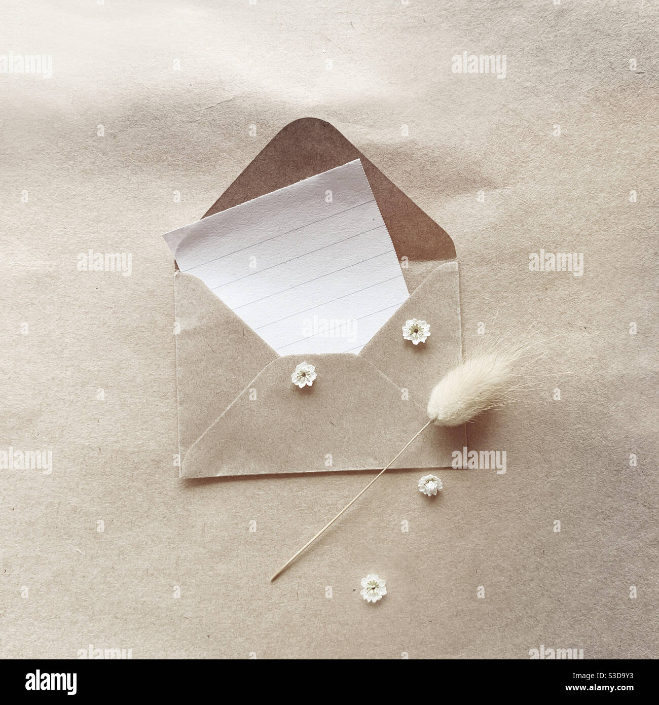 Kraft envelope with scattered dried flowers Stock Photo - Alamy