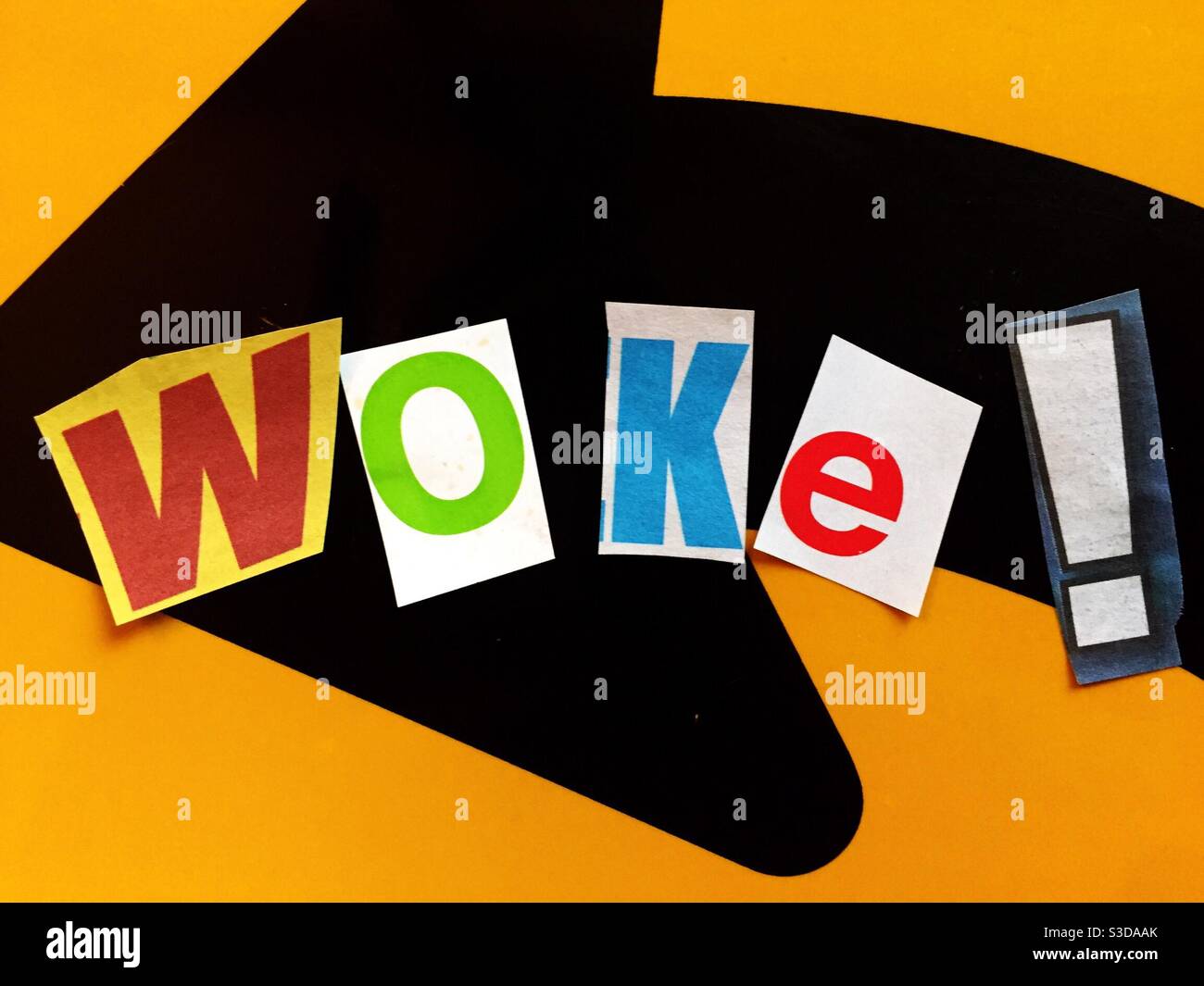 Woke! Spelled out with cut out letters in ransom note typography, USA Stock Photo