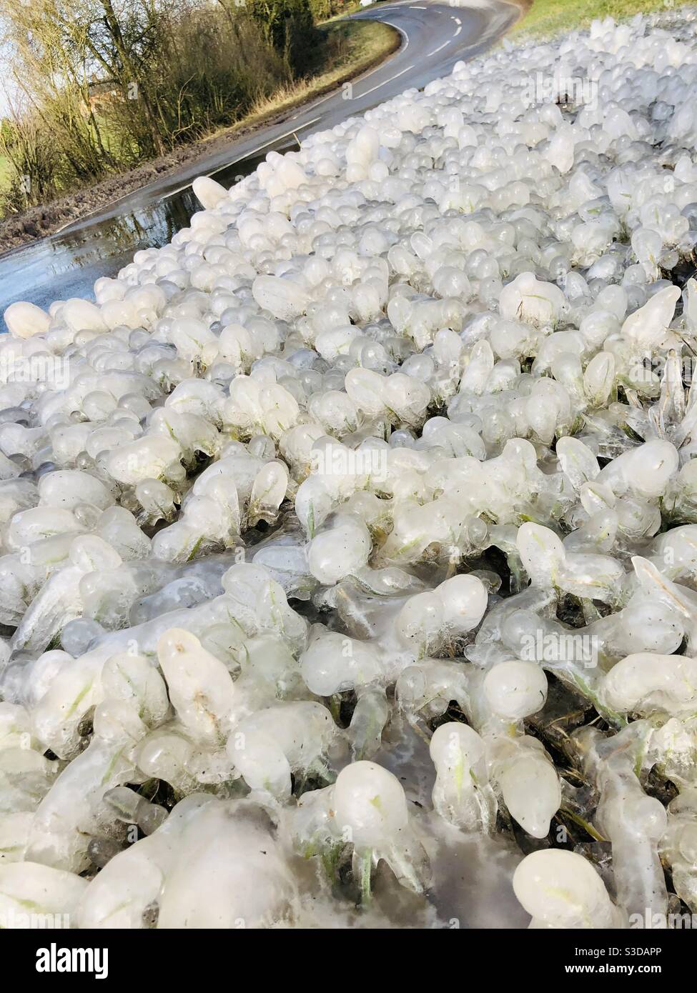 Ice on verge formed by passing cars - Smartphone Captured Stock Image